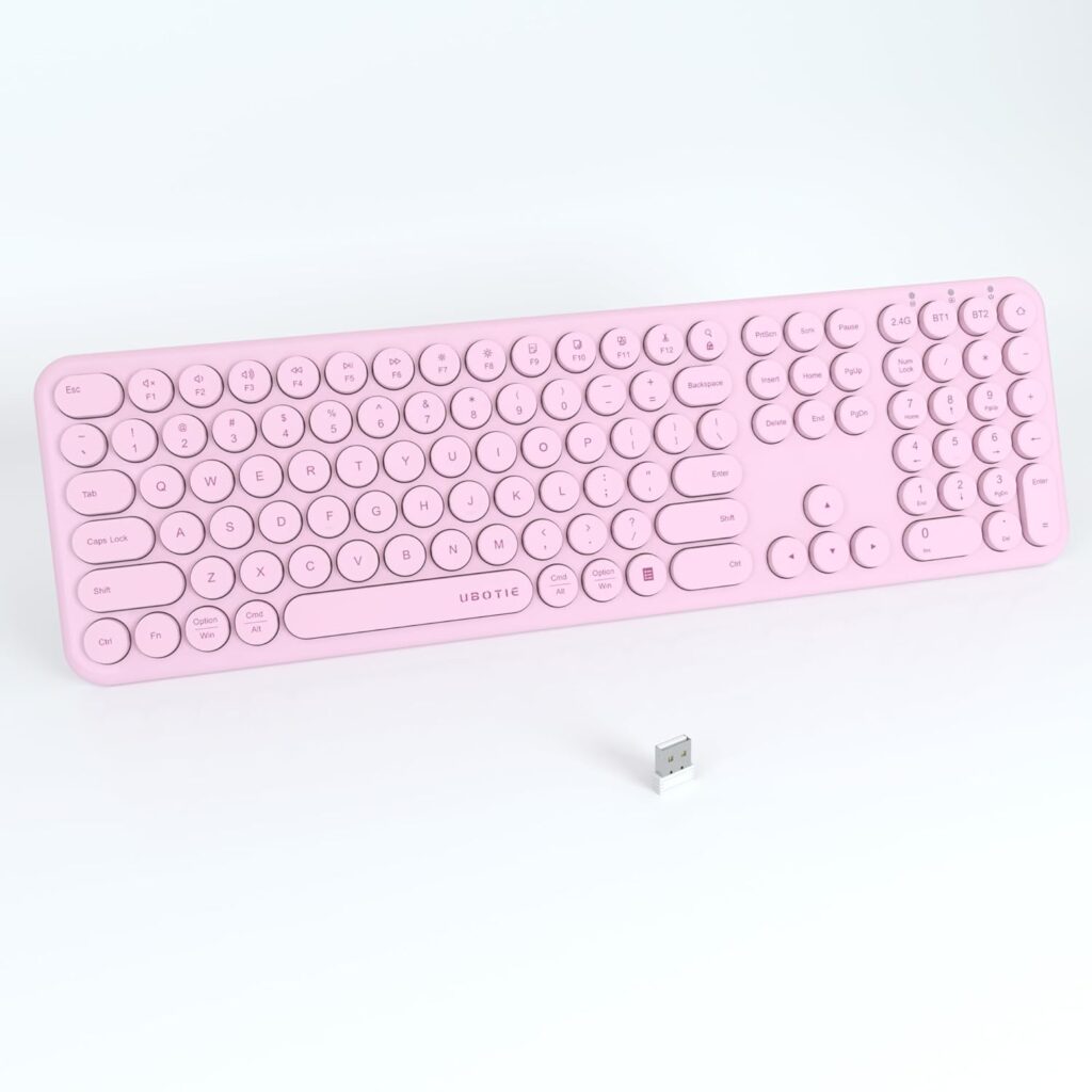 UBOTIE Wireless Pink Keyboard, Bluetooth 2.4GHz Dural Mode Connection Scissor Switches Slim Quiet Round Keycaps Full Size Office Computer Keyboards for PC MAC Smart Phones