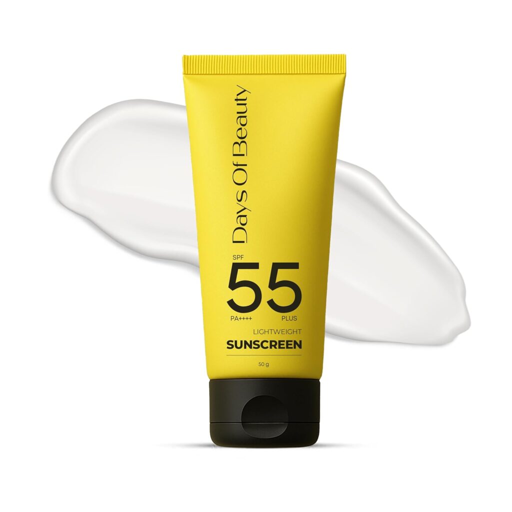 Days Of Beauty SPF 55+ PA++++ Sunscreen for Oily & Sensitive Skin – Matte Finish, No White Cast, Non-Comedogenic, Vegan, Waterproof & Sweatproof, Face Sunscreen for Men & Women, 50g Travel Tube
