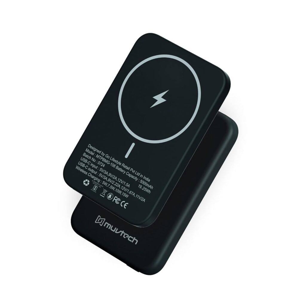 Muvtech Pocket 5000mAh Fast Charging Power Bank 15W Mag-Safe Wireless & 20W Wired Fast Charging Pocket Size Strong Magnetic Ring Compatible with iPhone, Samsung, Android, and Wireless Devices
