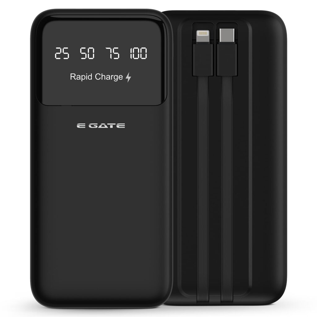 E GATE 105P Powerbank 10000mAh Fast Charging | Built-in Lightening & Type C Cable for iPhone, Android, TWS etc| Multi Device 22.5W Power Bank 5-in-1 Charger | USB X 2, Type C X 2 & Lightening (Black)