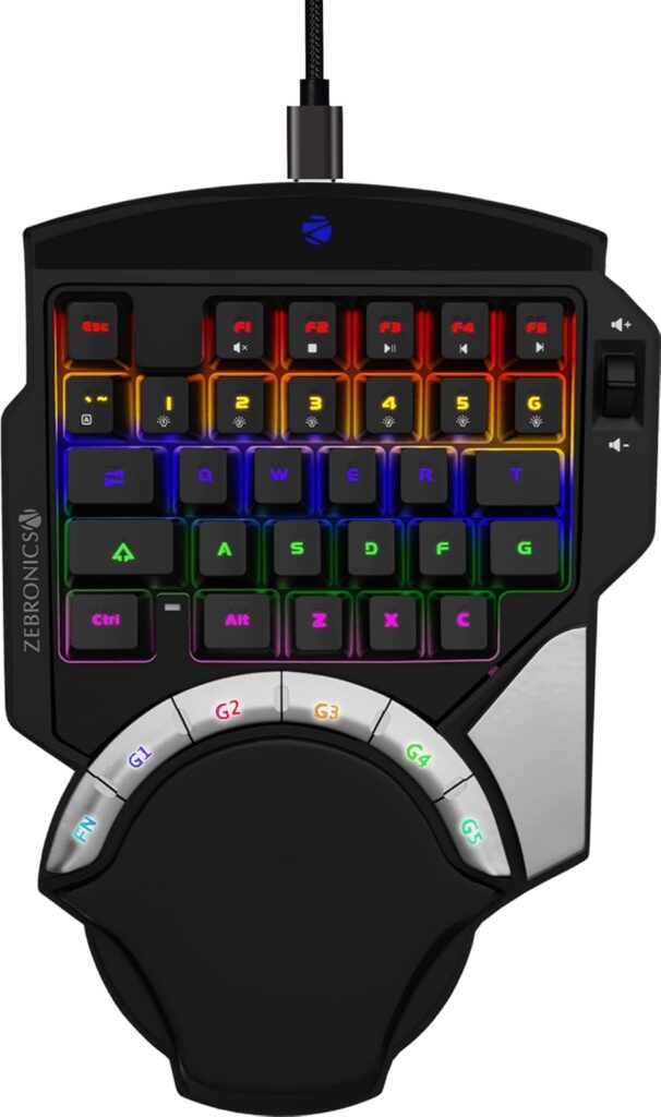Zebronics Zeb-Max Atom One-Handed RGB Gaming Mechanical Keyboard, 37 Keys with 5 Macro Keys, Wrist Pad, Dedicated Volume Controller - Black