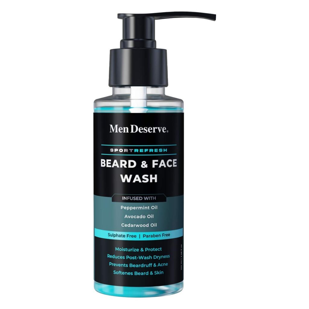 Men Deserve Sport Refresh Beard & Face Wash With Peppermint Oil Avocado Oil & Cedarwood Oil (Sulphate Free & Paraben Free) 100ml