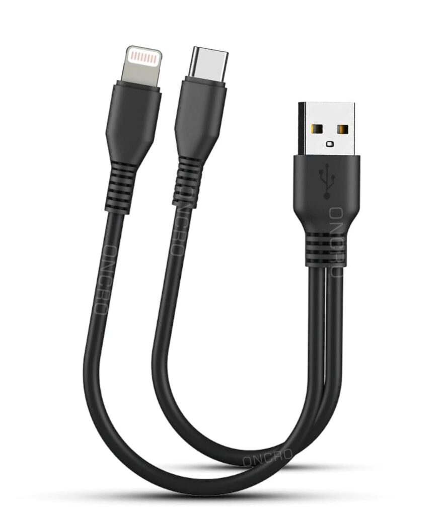 ONCRO® Multi Power bank cable 2 in 1 usb cable splitter charger cable for iPH 8pin & Type c short mini android charging cable one plus samsung 11 12 13 14 (Not for DATA Transfer) 25 cm upto 2.1 A max