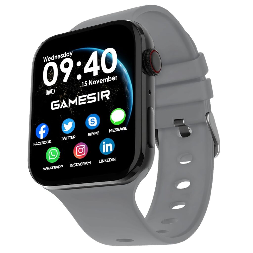 GameSir T-Storm 1.99" HD Display Smartwatch, Bluetooth Calling, Fitness & Health Tracker, 100 Sport Modes, Blood Oxygen, Heart Rate & Sleep Monitor, Black & Grey Strap, Android & iOS for Men & Women