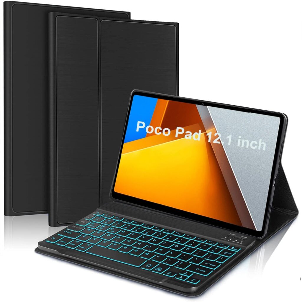 ProElite Keyboard case for Poco Pad 12.1 inch, Magnetic Detachable Wireless Bluetooth Keyboard Built-in 7-Colors Backlit, Black