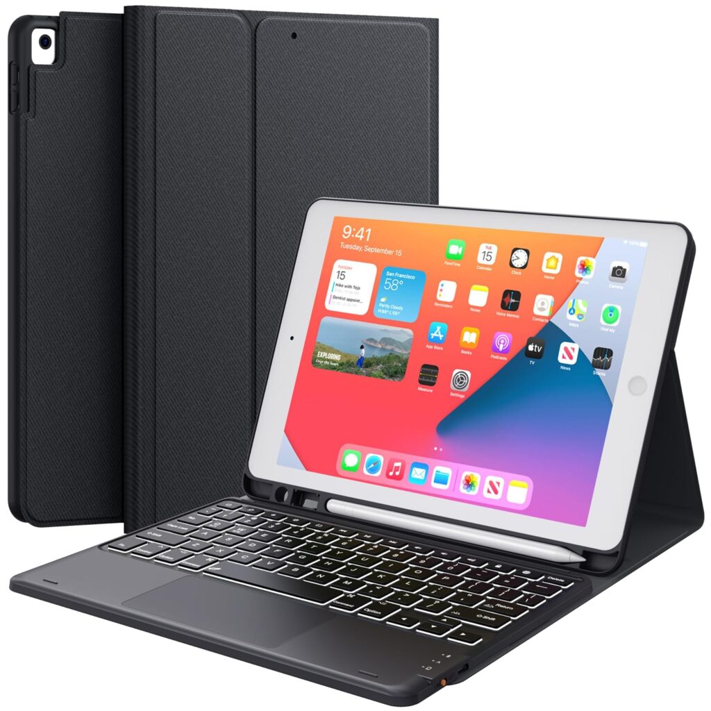 BESTOR Wireless Bluetooth Touchpad Keyboard with Pencil Holder for 7th 8th 9th Gen Bluetooth Laptop-Size Tablet Keyboard Compatible with iPad, Laptop, Tablet (Black)