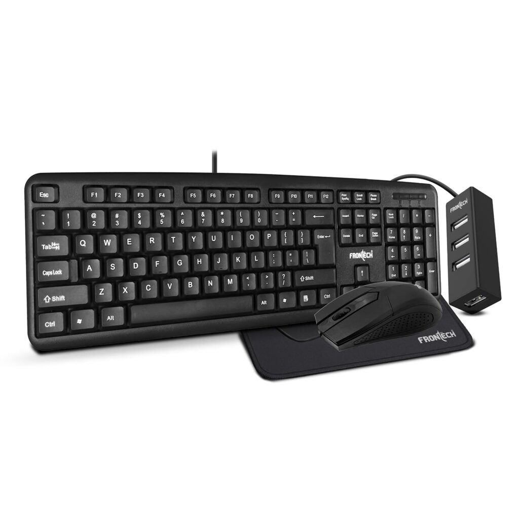 FRONTECH Wired Keyboard and Mouse Combo with USB Hub & Mouse Pad, 104-Key Ergonomic Keyboard, 1000 DPI Optical Mouse, Plug & Play USB, 1-Year Warranty (FT-1692P)