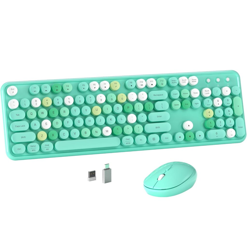 MPTOG Colorful Wireless Computer Keyboard and Mouse Combo with Round Typewriter Keycaps, Retro Design, Power Switch, Ergonomic Design, 2.4GHz Wireless for Windows, Mac, PC(Green-Colorful)