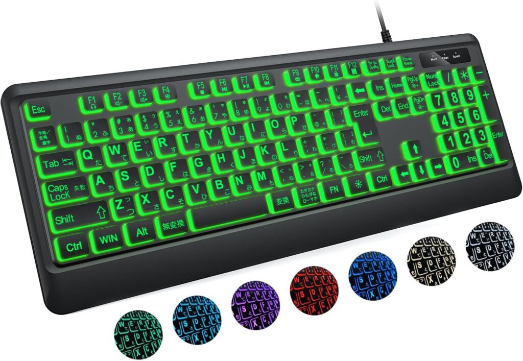 DHKBL Large Letter Backlit Keyboard - 7 Interchangeable Backlit Colors, Quiet USB Wired Computer Keyboard, Foldable Stand, Wired Full Size Keyboard for Windows, PC, Laptop