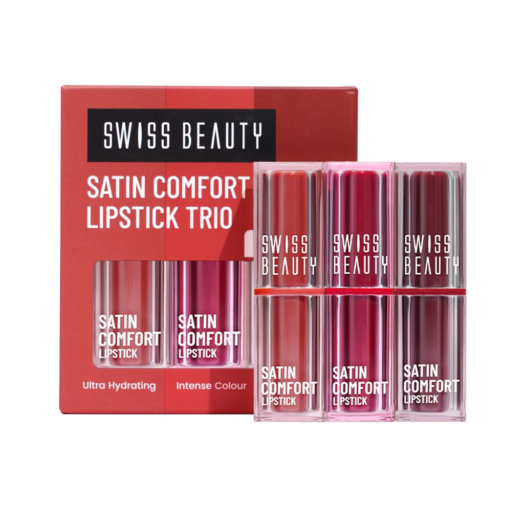 Swiss Beauty Satin Comfort Lipstick Trio 3-in-1| Ultra-Hydrating | Highly Pigmented | Smooth Glide | Satin Matte Finish | One-Swipe Application | Shade- 2-Pink & Mauve, 9gm