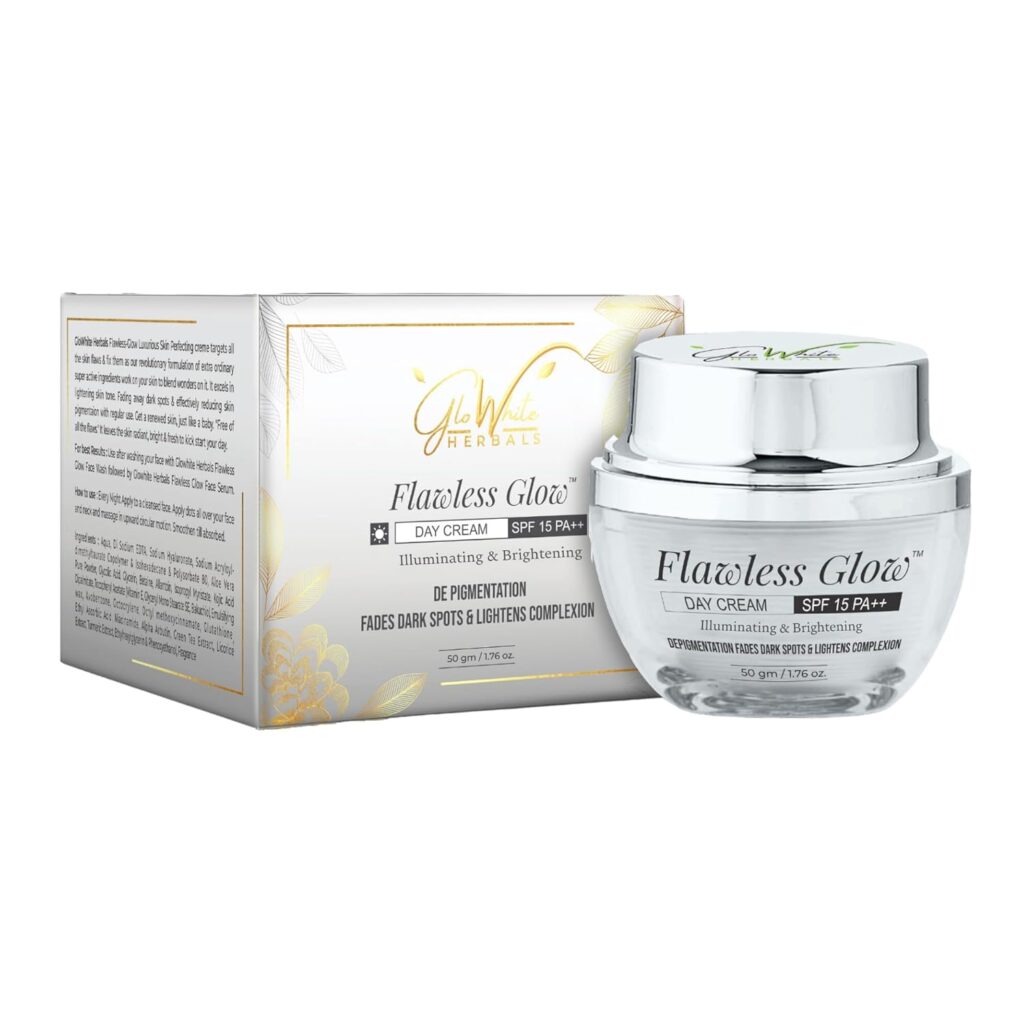 GloWhite Herbals Flawless Glow Brightening Day Cream SPF 15PA+++ - Diminishes Dark Spots, Enhances Texture, Hydrates for Youthful Radiance - Enriched with Glycolic Acid, Niacinamide, Vitamin C, Glutathione - Unisex - All Skin Types - 50g