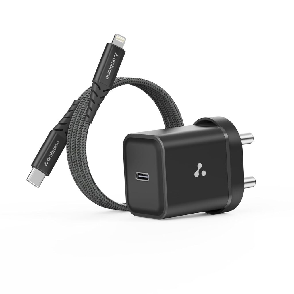 Ambrane 20W Type C Mobile Charger Adapter with Lightning Cable, Fast Charging for Android, iPhone 15/14/13/12/11/X & Pro, Max Series, Google Pixel & Type C Enabled Devices, PD Technology (Charge 20)