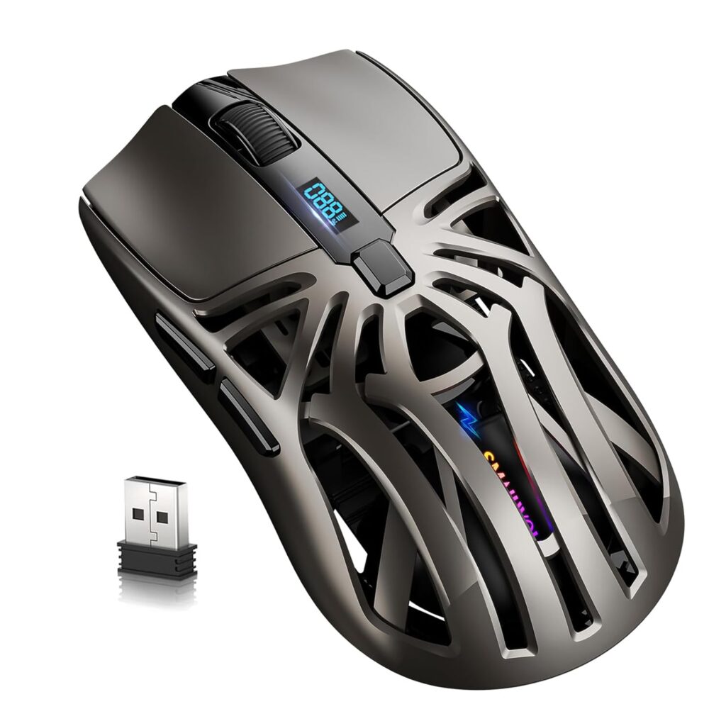 Wireless Gaming Mouse, 10000 DPI, Tri-Mode 2.4GHz/Bluetooth/Wired Mouse, 6 Buttons, Digital Display, Silent Mice, Rechargeable, Customizable Macro and RGB Backlight for PC/Mac/Laptop (Gray)