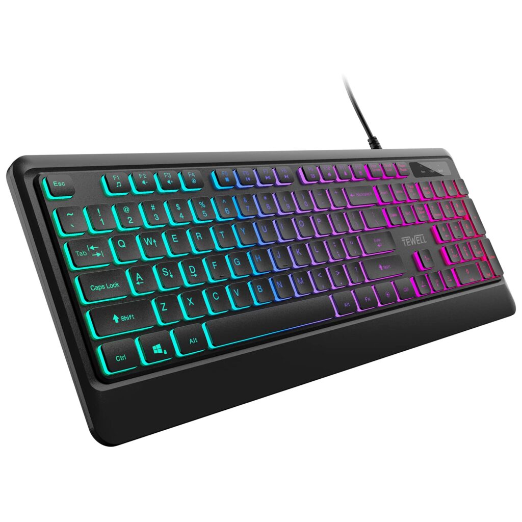 TEWELL Rainbow Membrane Gaming Keyboard, 104 Silent & 26 Anti-Ghosting Keys Wired Computer Keyboard for PC and Desktop
