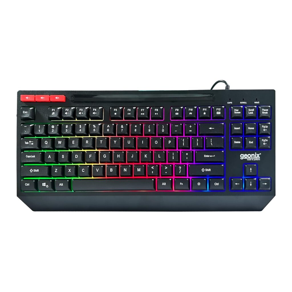 GEONIX Cruiser K2 Multi Function Gaming Keyboard with 90 Keys Including 3 Dedicated Multimedia Keys, Rainbow Backlight, Spill Resistant, PVC Cable, Durable Body (Black)