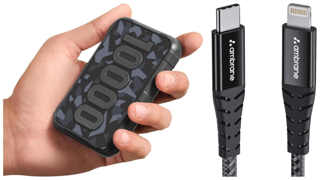 Ambrane Force 10K 10000mAh Power Bank Black – 22.5W Fast Charging, Slim, USB Type-C PD QC and Ambrane Type-C to Lightning Cable 1.25m Black – Fast Charging, Data Sync