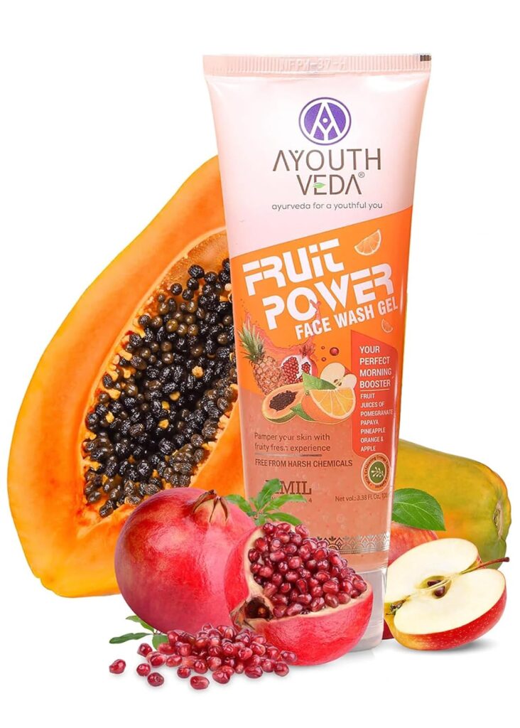 Ayouthveda Fruit Power 100 ml Face Wash Gel for Glowing Skin| Face Wash for Dark Spots and Blemishes | Vitamin A, C & Anti-Oxidants | All Skin Types | Facial Cleanser For Daily Use (Pack 1; 100ml)