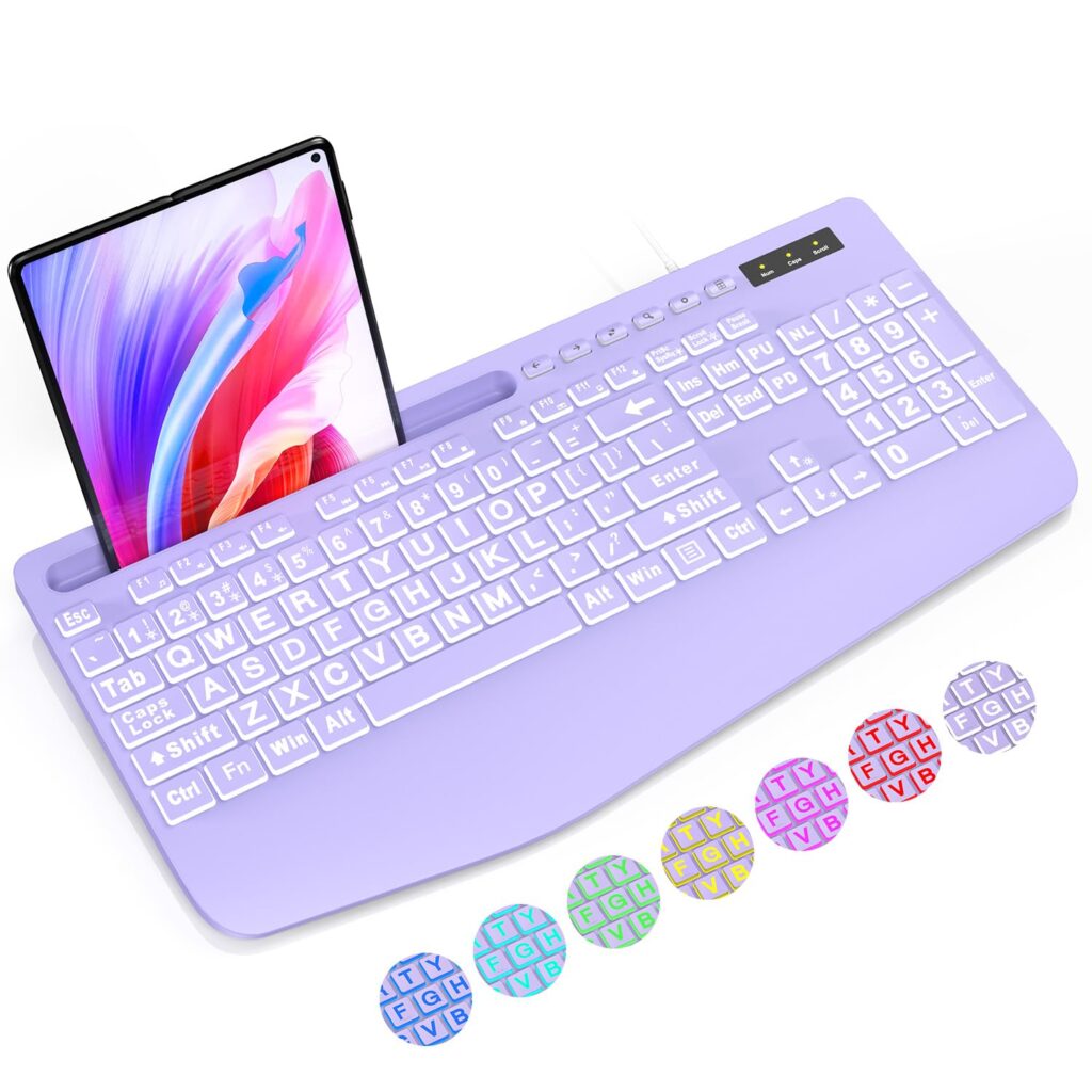 SABLUTE Large Backlit Computer Keyboard, Wired Backlit USB Keyboards with 7 Color Backlight Wrist Rest Phone Holder Easy Read