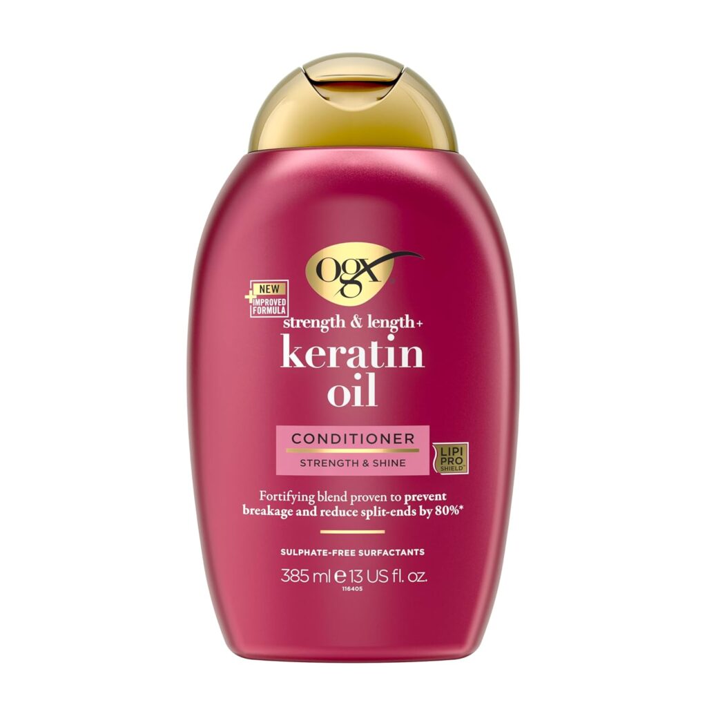 OGX Strength & Length + Keratin Oil Fortifying Anti-Frizz Conditioner For Damaged Hair & Split Ends, With Keratin Proteins & Argan Oil, Paraben-Free, Sulfate-Free Surfactants -385Ml - 1 Count