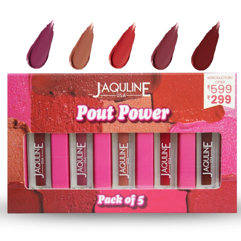 JAQULINE USA Pout Power Set of 5 Liquid Matte Lipstick | Waterproof | Smudge Proof | Transfer Proof | Long Lasting | Hydrating and Lightweight | 5x1.25ml