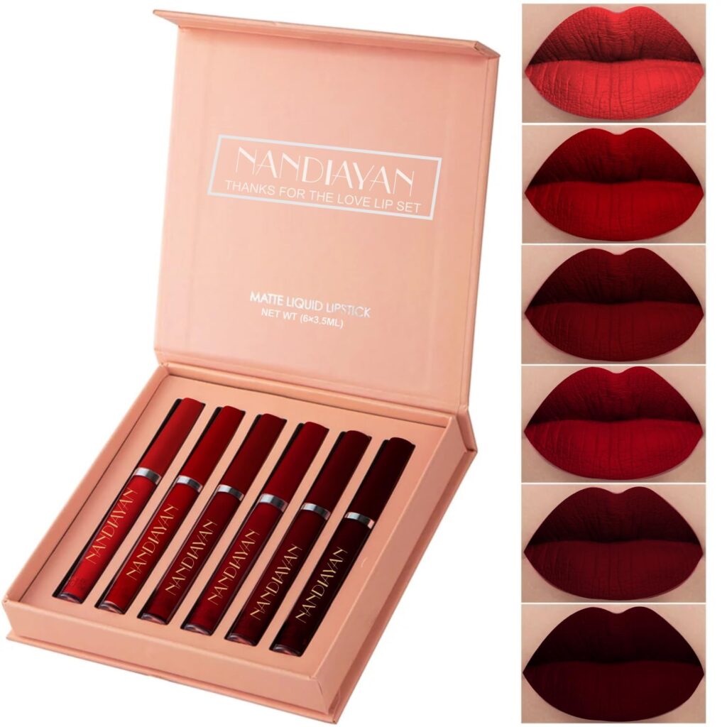 Nandiayan Matte Liquid Lipstick Set (Pack of 6) | Maroon & Red lipstick Shades | Waterproof Long-Lasting Smudge-Proof Lipsticks | Highly Pigmented Perfect Liquid Lipstick gift set for women (Set C)