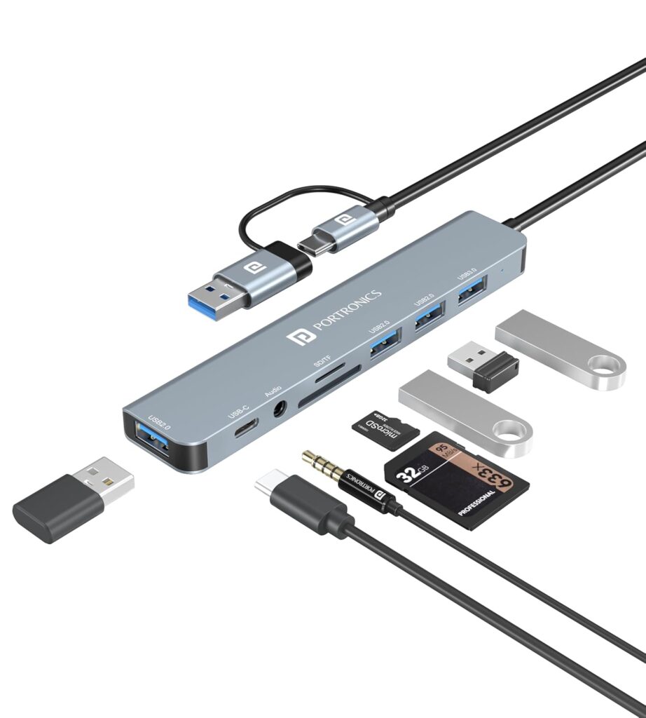 Portronics Mport 8 Plus Dual Plug 8-in-1 Docking Station/Hub with AUX, USB 3.0, microSD/SD Card Reader, Type-C Data, USB 2.0, Type-C and USB Plug for Laptop, Mac, PC (Grey)