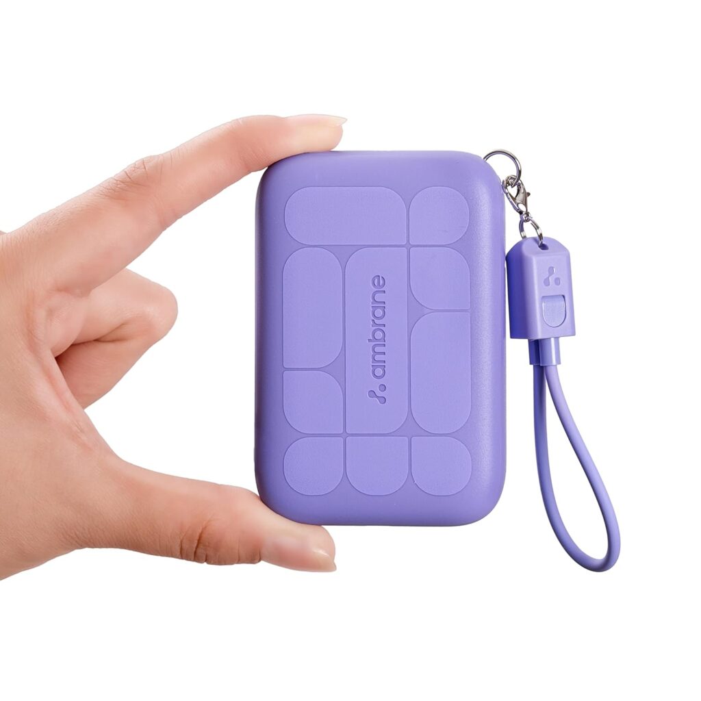 Ambrane Mini Size 10000mAh Powerbank, Very Small Size - Perfect for Hands, Pockets, Bags, in-Built Type C Cable, 22.5W Fast Charging, for iPhone, Android, Other Devices (PowerMini 10, Purple)