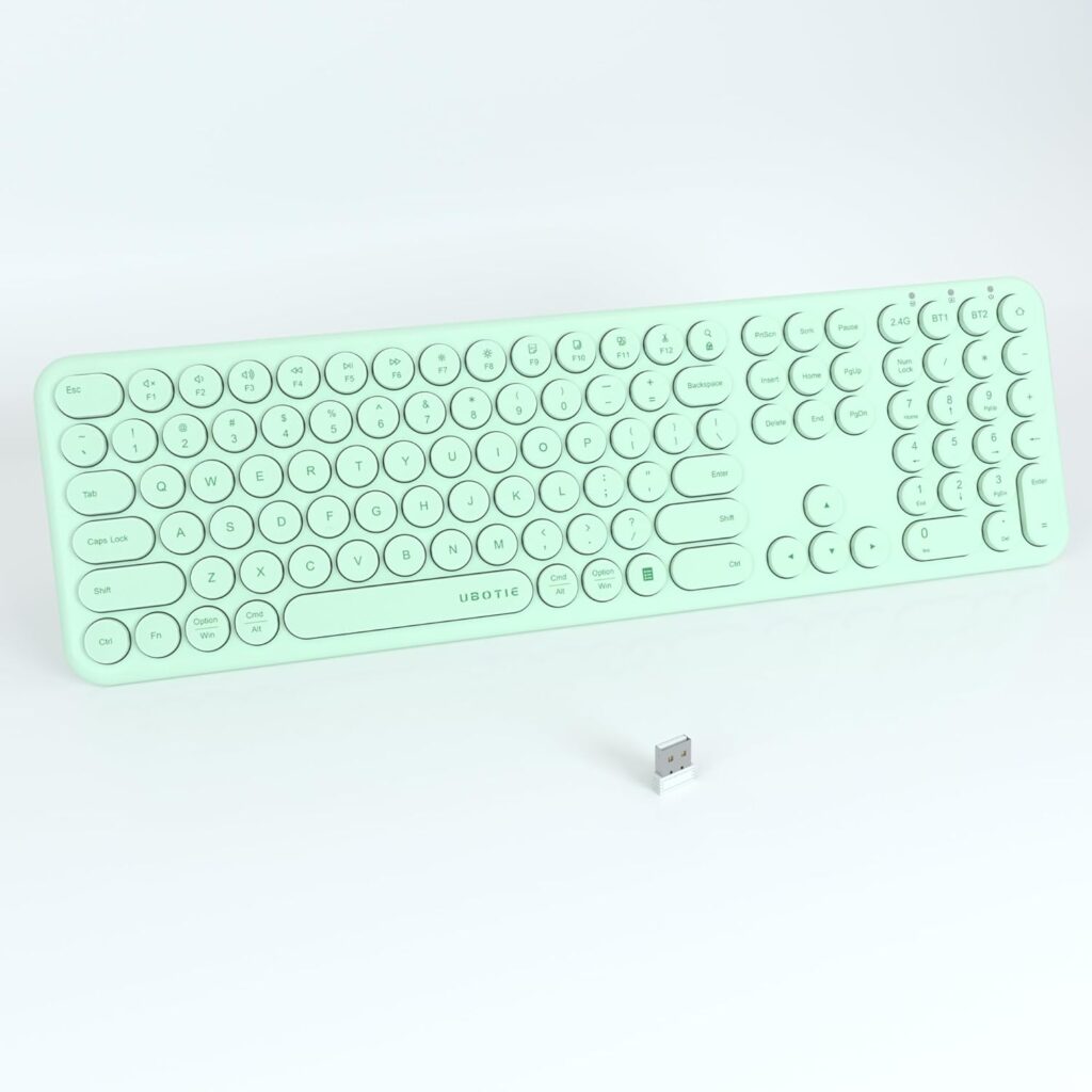 UBOTIE Wireless Green Keyboard, Bluetooth 2.4GHz Dural Mode Connection Scissor Switches Slim Quiet Round Keycaps Full Size Office Computer Keyboards for PC MAC Smart Phones
