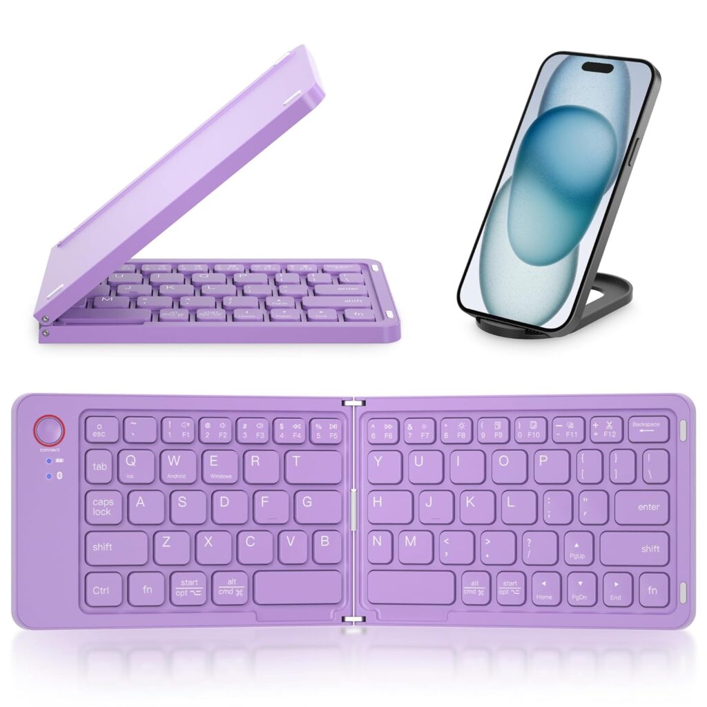 Mini Portable Wireless Folding Keyboard - Sync Up to 3 Devices, Ultra-Slim Aluminum Travel Keyboard for iPhone iPad Mac Android Windows iOS (Purple)