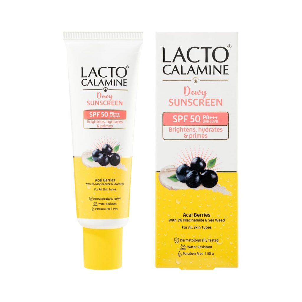 Lacto Calamine Dewy Sunscreen SPF 50 PA+++ | 50g | Water Resistant, No White Cast, UVA & UVB Protection | Sunscreen SPF50 + Primer | Acai Berries, Niacinamide & Watermelon | Dermatologically Tested