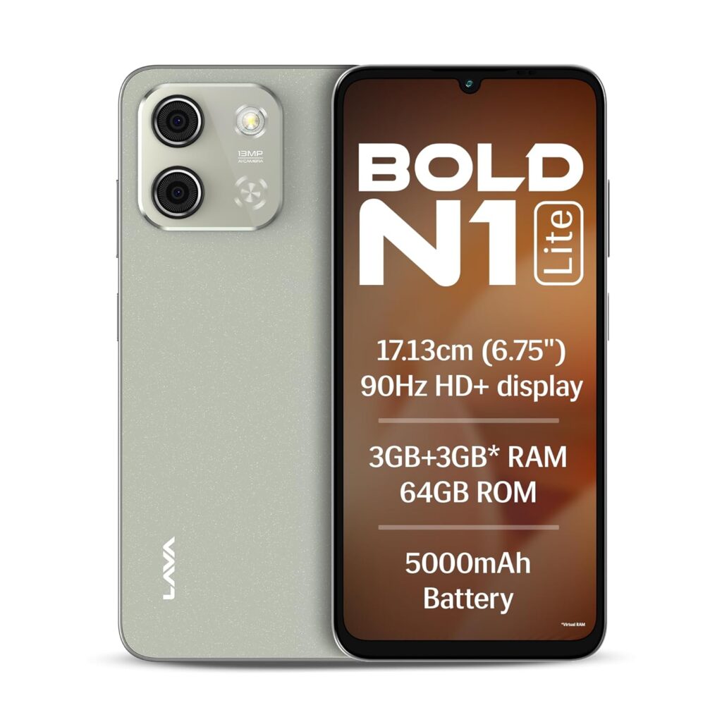 Lava Bold N1 Lite (Crystal Gold, 3 GB RAM, 64 GB Storage) | 6.75" HD+ Display | 13MP AI Dual Rear Camera | 5000 mAh Battery | Secure Face Unlock | Fingerprint Reader | Charger & Phone-Cover in Box