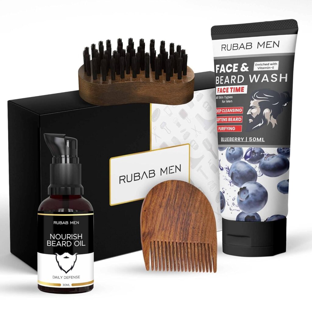 Rubab Men 4-in-1 Beard Kit for Men| Advance Beard Growth Oil, Face & Beard Wash, Beard Brush & Wooden Beard Comb| Everyday Beard Grooming Care