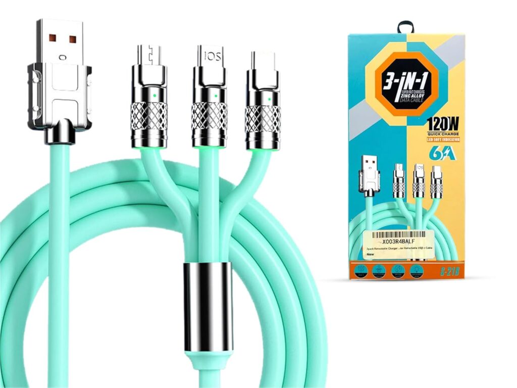 LitVibes 3 in 1 Fast Charging Cable,Portable 120W Charger Cord/Wire Compatible with iOS,Type-C,Micro Phones,Car/Travel 6A Retractable Zinc Alloy Charging Data Cable,Light Emitting Diode-Turquoise