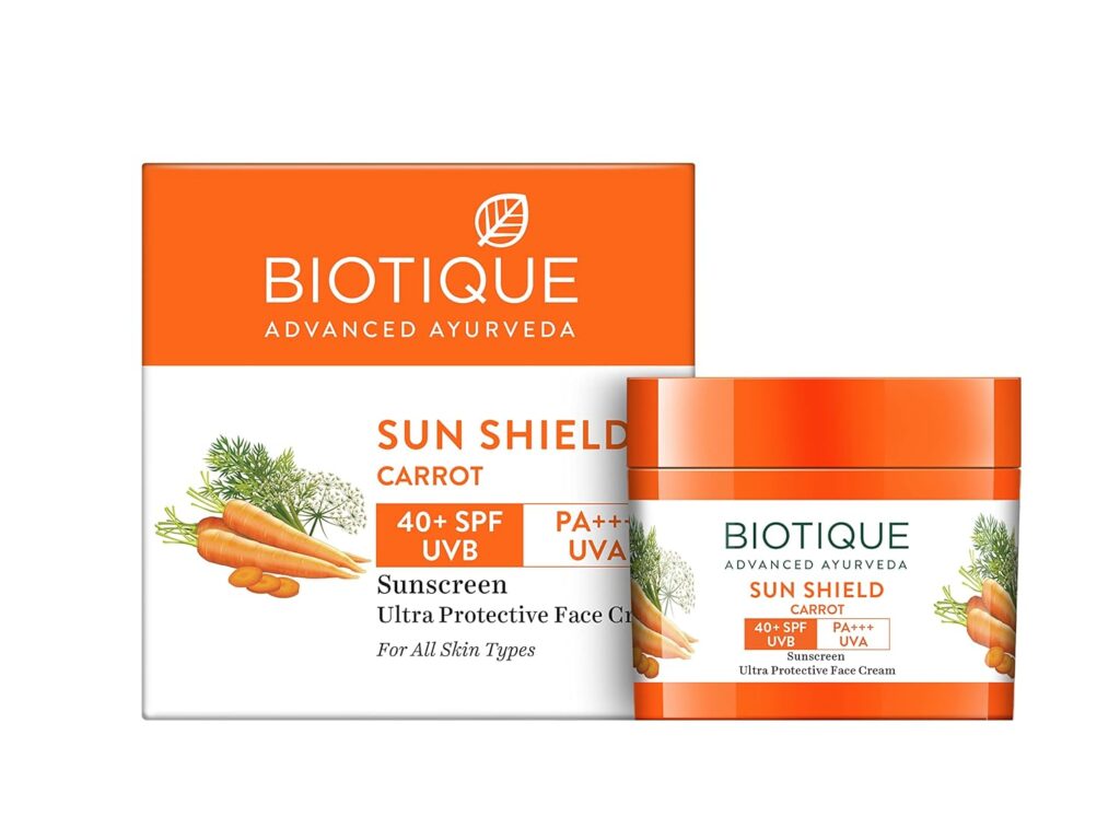 Biotique Sun Shield Carrot 40+ SPF UVA/UVB Sunscreen All Skin Ultra Protective Face Cream, 50g