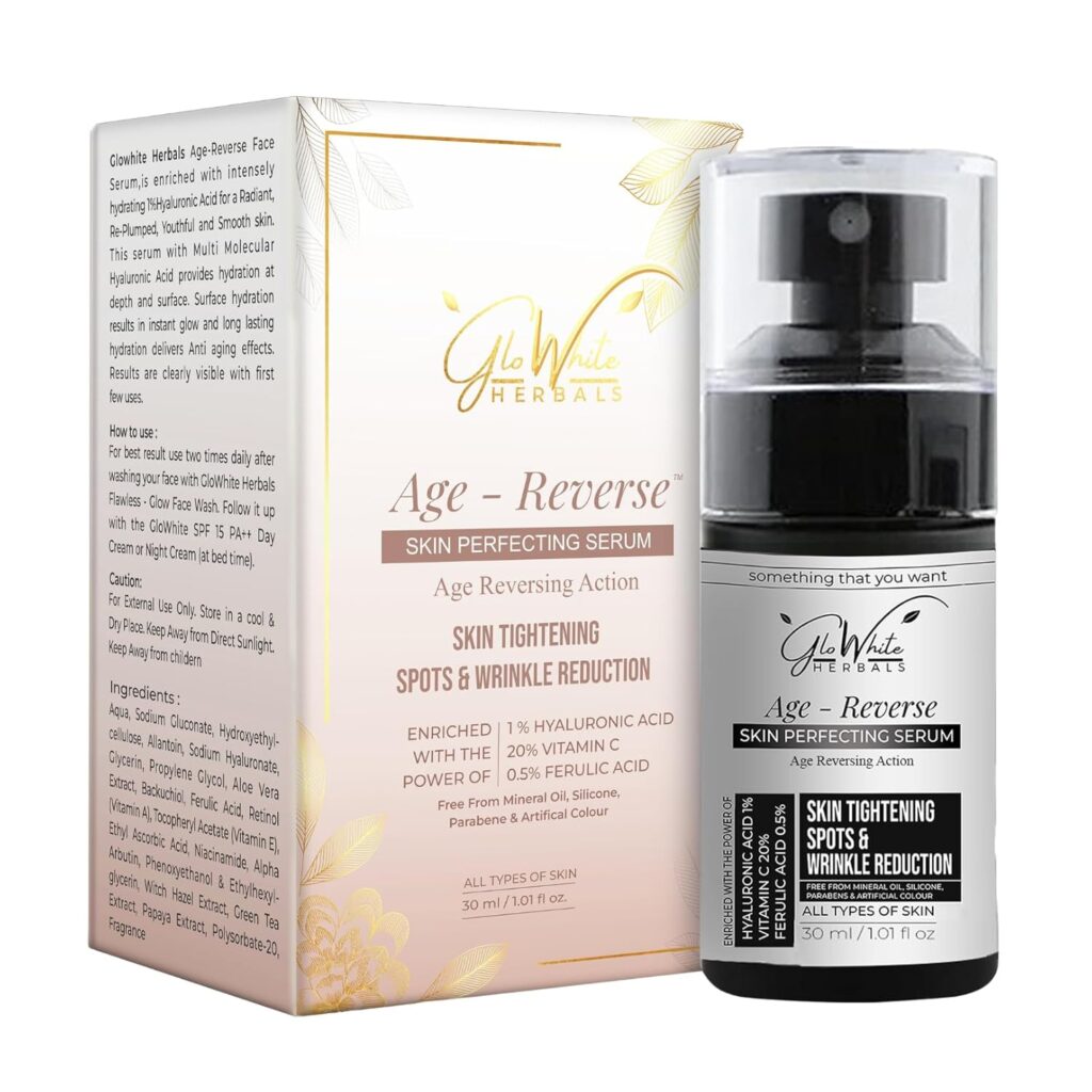 GloWhite Herbals Age-Reverse Hyaluronic Acid & Retinol Anti-Aging Face Serum with Added 10% Vitamin-C & 20% Niacinamide to Reduce Various Signs of Aging, Dark-Spots, Fine Lines & Wrinkles | 30ml