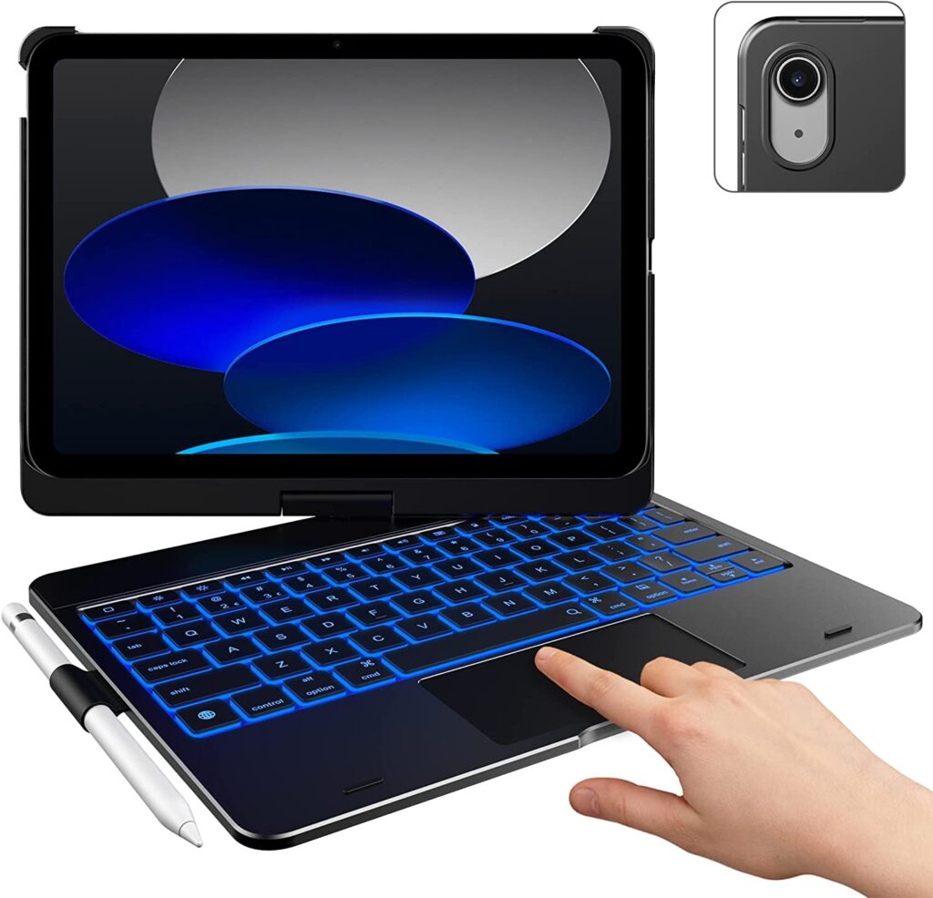 typecase Touch Keyboard for New iPad A16 2025 (11 Inch) & iPad 10th Generation with Multi-Touch Trackpad, 11-Colors Backlit, 360° Rotatable Design, Bluetooth Keyboard case, Pencil Holder (Black'25)