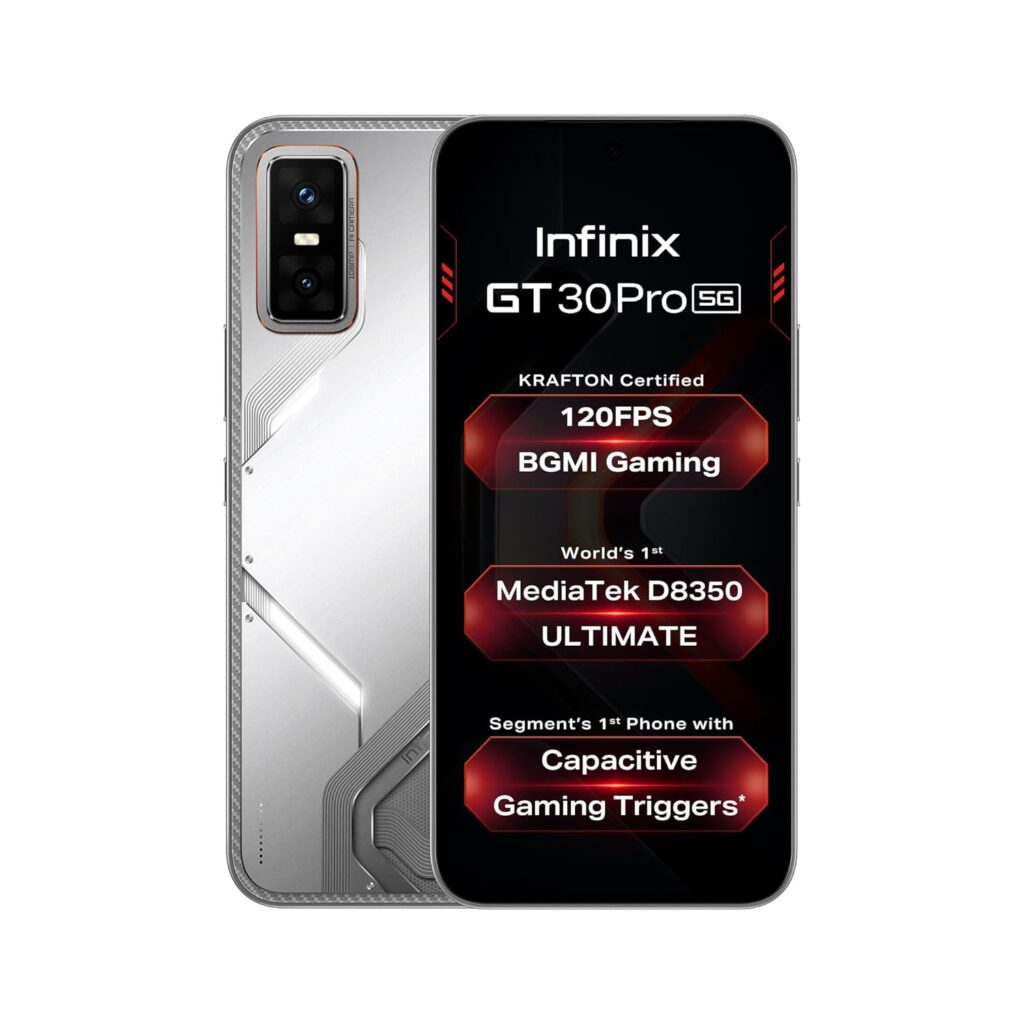 Infinix GT 30 Pro 5G+ (Blade White, 12GB RAM, 256GB Storage) | MediaTek D8350 Ultimate | 120FPS BGMI Gaming | Gaming Triggers | 1.5 Million+ AnTuTu AI (Without Offers)