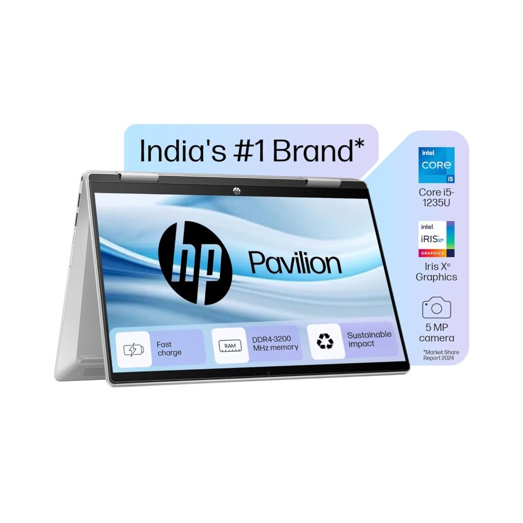 HP Pavilion x360, 12th Gen Intel Core i5-1235U, 8GB DDR4, 512GB SSD, (Win11, Office21, Silver,1.41 kg), Touchscreen, IPS, 14-inch (35.6cm), FHD Laptop, Iris Xe, 5MP Camera, Backlit KB, Pen, ek0084TU