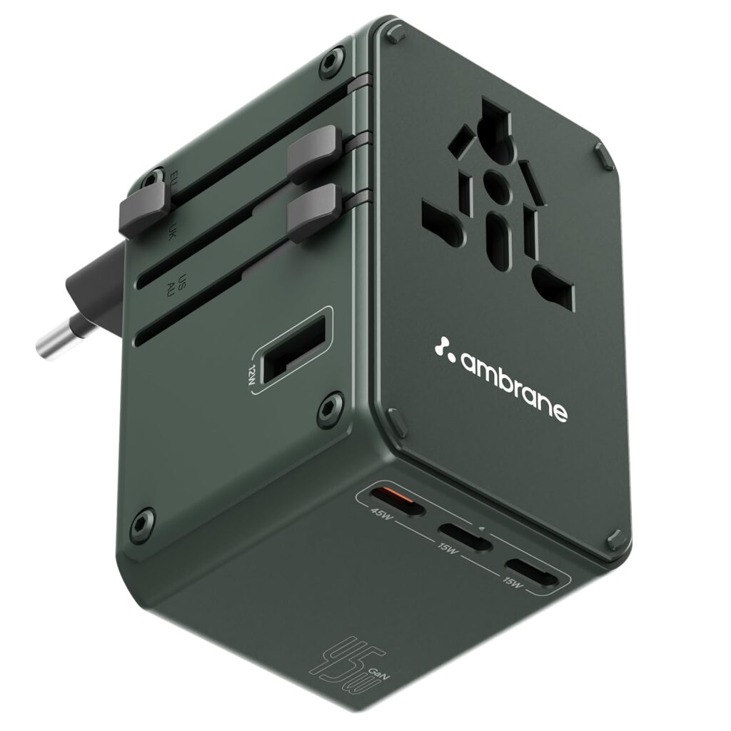 Ambrane 45W Universal Charger Adapter, Supports Laptop Charging: MacBook & Type C Laptop, 3X, 1x USB, 2500W AC Socket, International Worldwide Travel Adapter, PD Charging (ATA-04, Green)