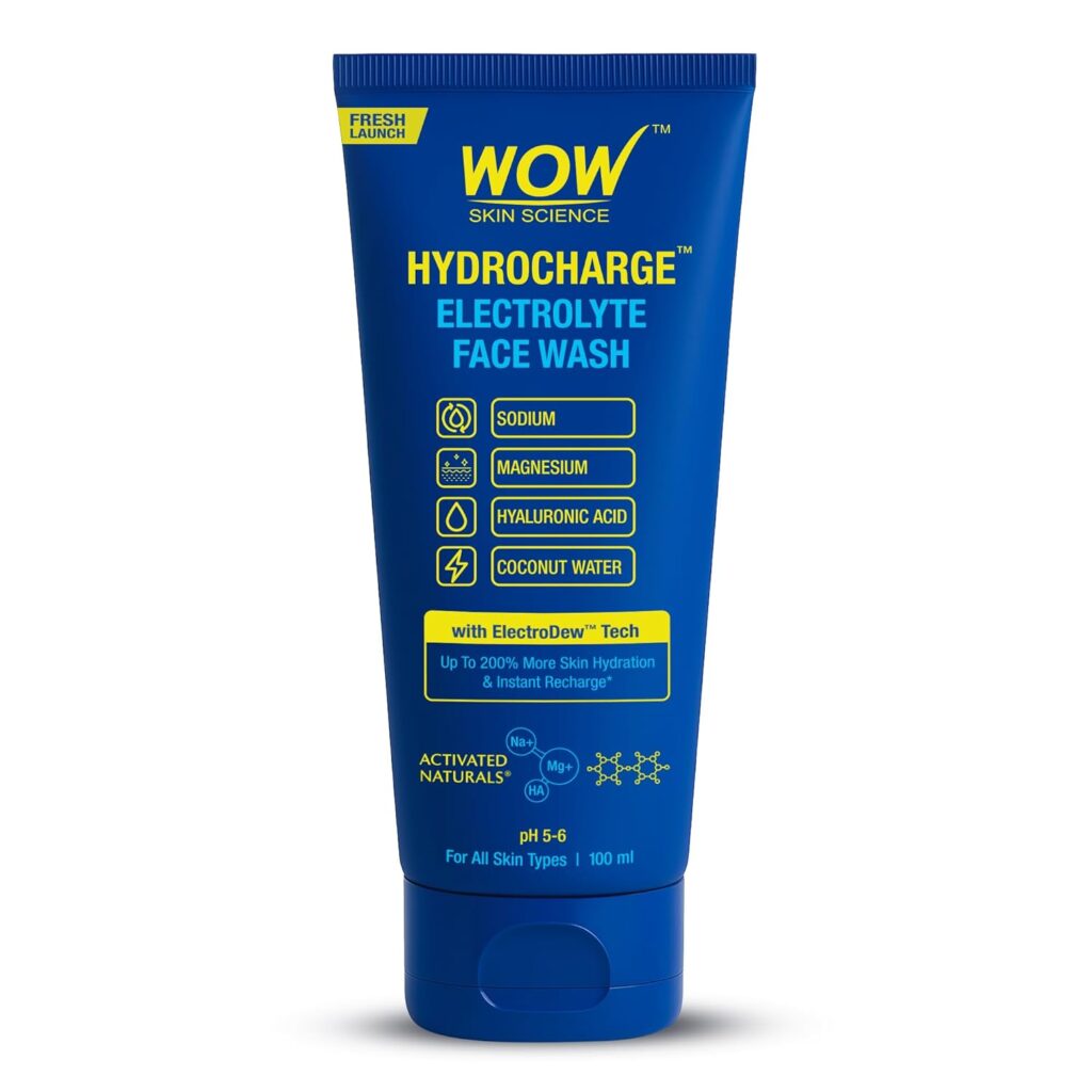WOW Skin Science Hydrocharge™ Electrolyte Face Wash with ElectroDew™ Tech | India’s 1st Electrolyte Cleanser with Sodium, Magnesium, Hyaluronic Acid & Coconut Water | pH 5–6 | 100ml