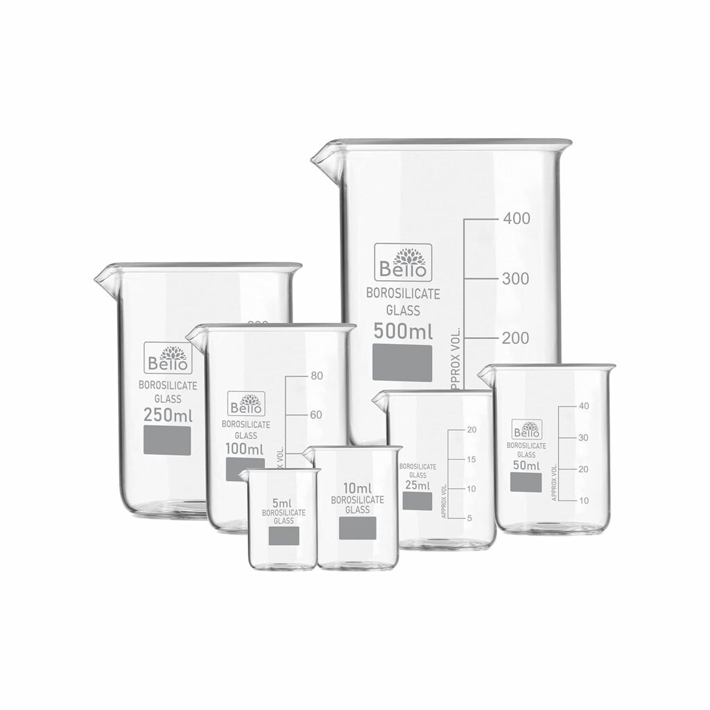 Bello Borosilicate 3.3 Glass Beaker 5 ml, 10ml, 25 ml, 50 ml, 100 ml, 250 ml, 500 ml with Graduation Marks, Beakers Pack of 7 for perfume making Cosmetics collage chemistry lab laboratory
