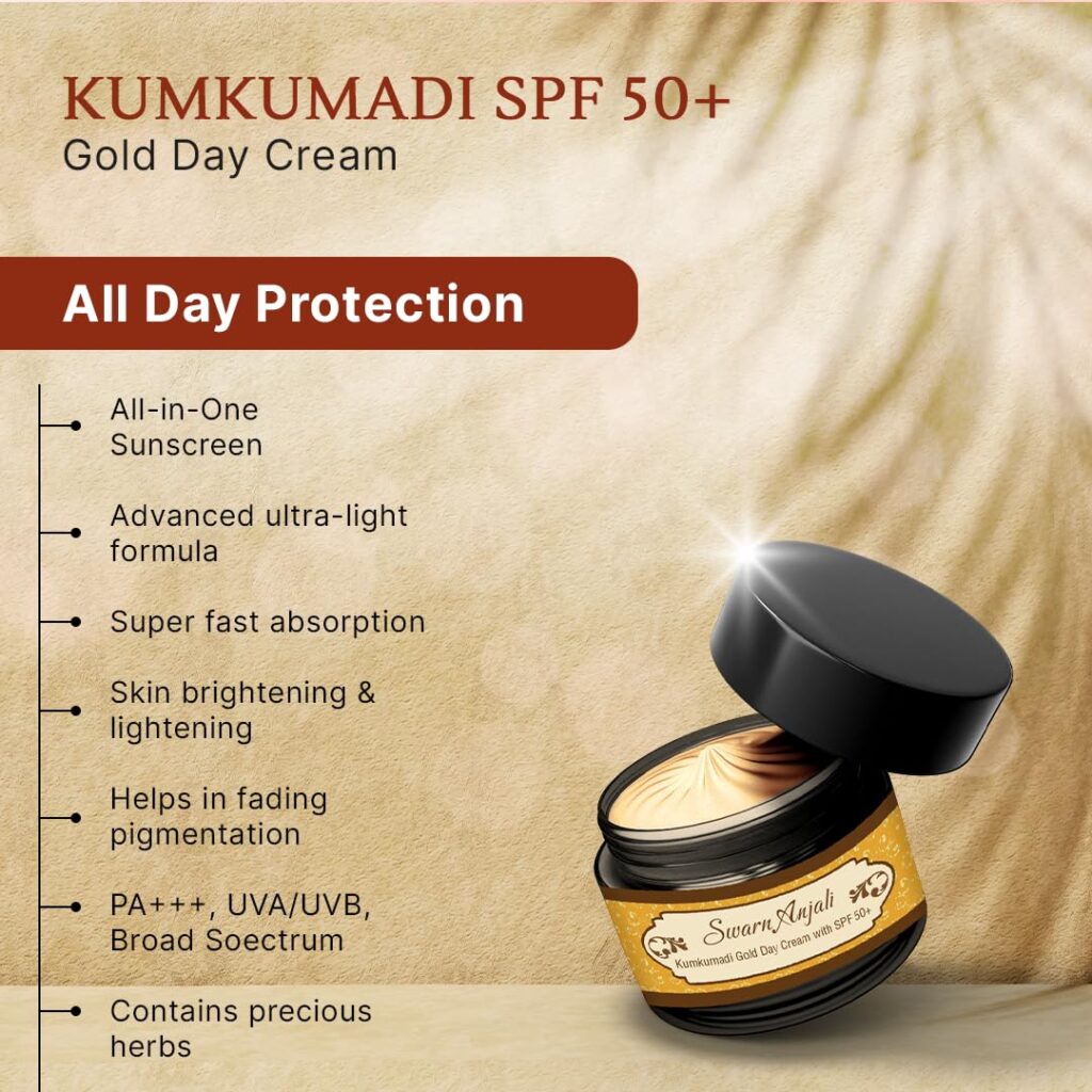 Herbs & Greens Kumkumadi SPF 50 UVA/UVB. PA++++ Gold Face Cream With 24k Gold | Lab Tested Broad Spectrum Protection | Skin Brightening Dark Spots/ Pigmentation, Anti Aging Hydrating Moisturizer For Woman & Men | Oily, Dry, Acne Prone Skin, Dermatologically Tested | 50 gm