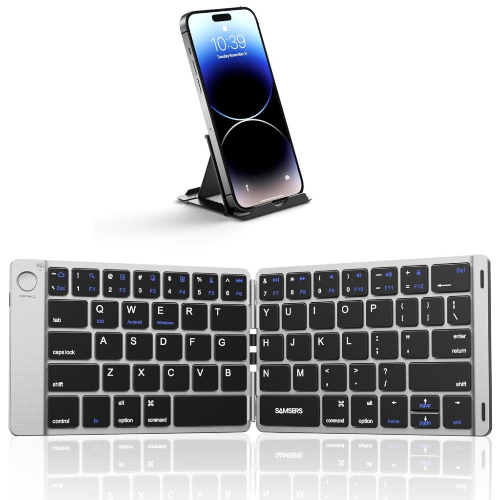 Samsers Foldable Bluetooth Keyboard - Portable Wireless Keyboard with Stand Holder, Rechargeable Full Size Ultra Slim Folding Keyboard Compatible iOS Android Windows Smartphone Tablet & Laptop-Silver