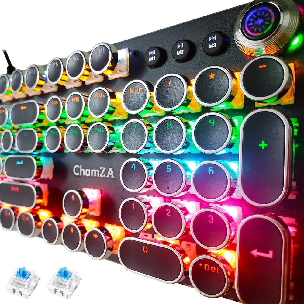 ChamZA Multimedia Mechanical Keyboard Blue Switches w/Knob Wired Retro Typewriter Keyboard 104 Keys Gaming Keyboard RGB K820 - Black