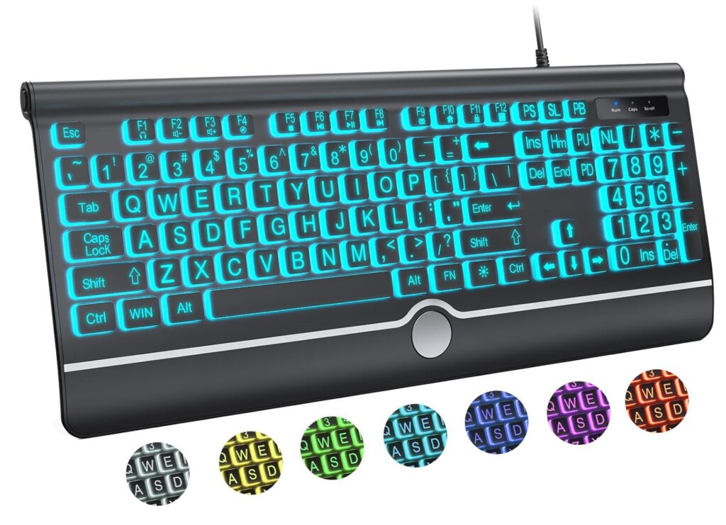 KOPJIPPOM Large Print Backlit Computer Keyboard, USB Full Size Wired Keyboards with 7-Colors Backlight, Wrist Rest, Light Up Keyboard for Windows, PC, Laptop - Easy to See, Easy to Setup