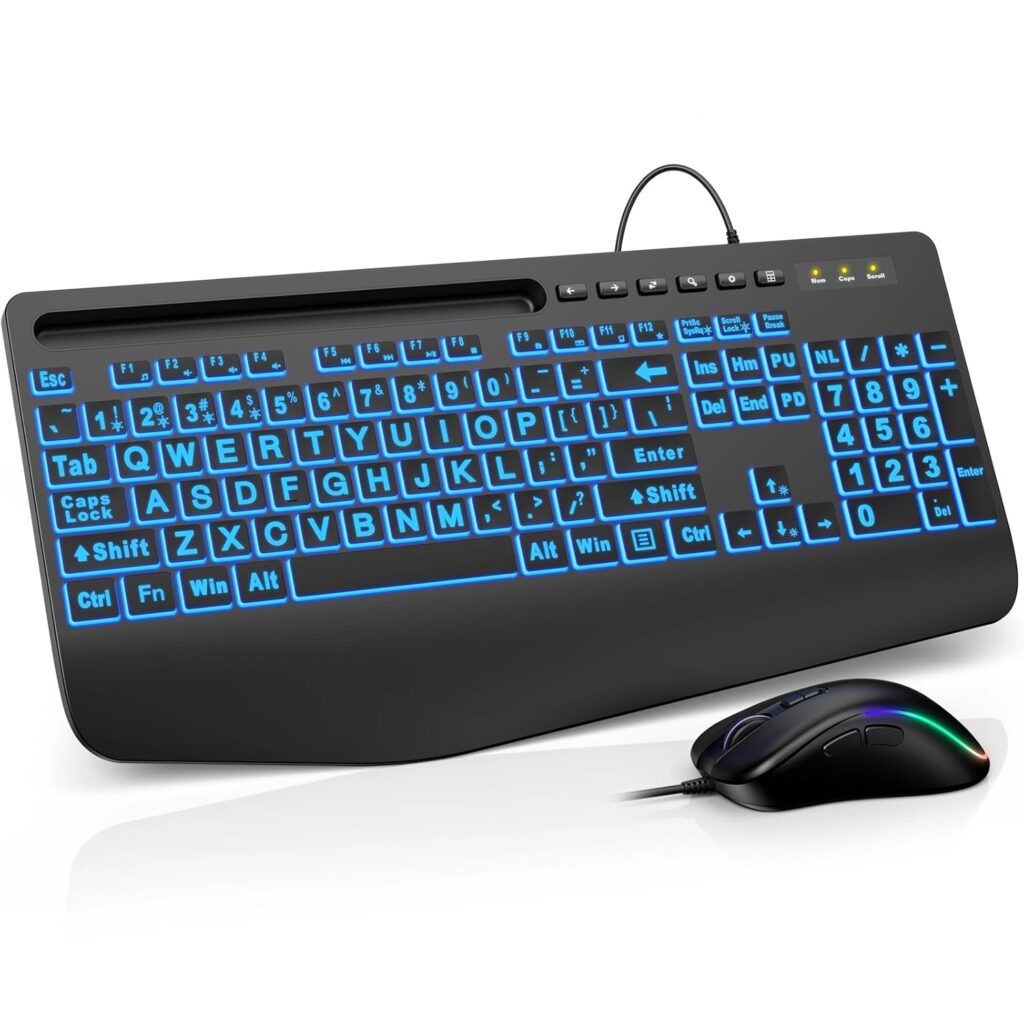 SABLUTE Wired Keyboard and Mouse, Large Print Backlit Keyboard with Wrist Rest and 7-Color Backlit, Lighted Computer Keyboards Easy to See, Light Up USB Keyboard Mouse Combo for PC, Windows, Laptop