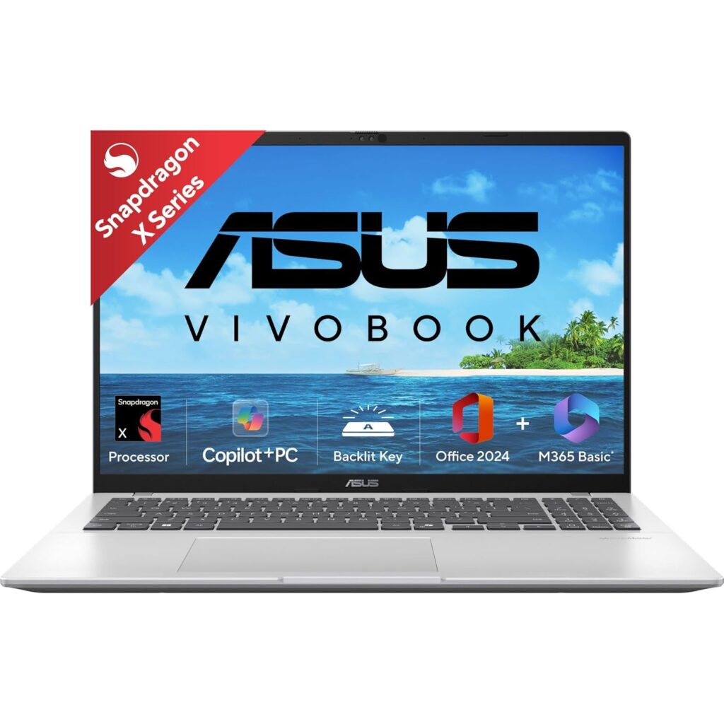ASUS Vivobook 16, Snapdragon X, 16GB RAM, 512GB SSD, FHD+ 16", Windows 11, Office Home 2024, Cool Silver, 1.88kg, X1607QA-MB050WS, Qualcomm Adreno iGPU, 45TOPS, M365 Basic(1Year)* Laptop