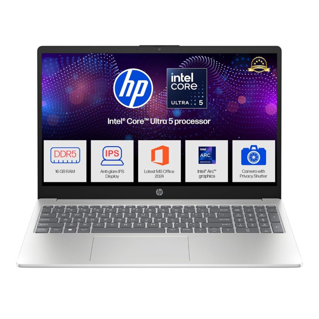 HP 15, Intel Ultra 5 125H, 12 Tops (16GB DDR5, 512GB SSD) FHD, IPS, 15.6''/39.6cm, Win11, M365 Basic(1yr)* Office24, Silver, 1.65kg, fd1254TU, Intel Graphics, FHD Camera w/Shutter, AI Powered Laptop