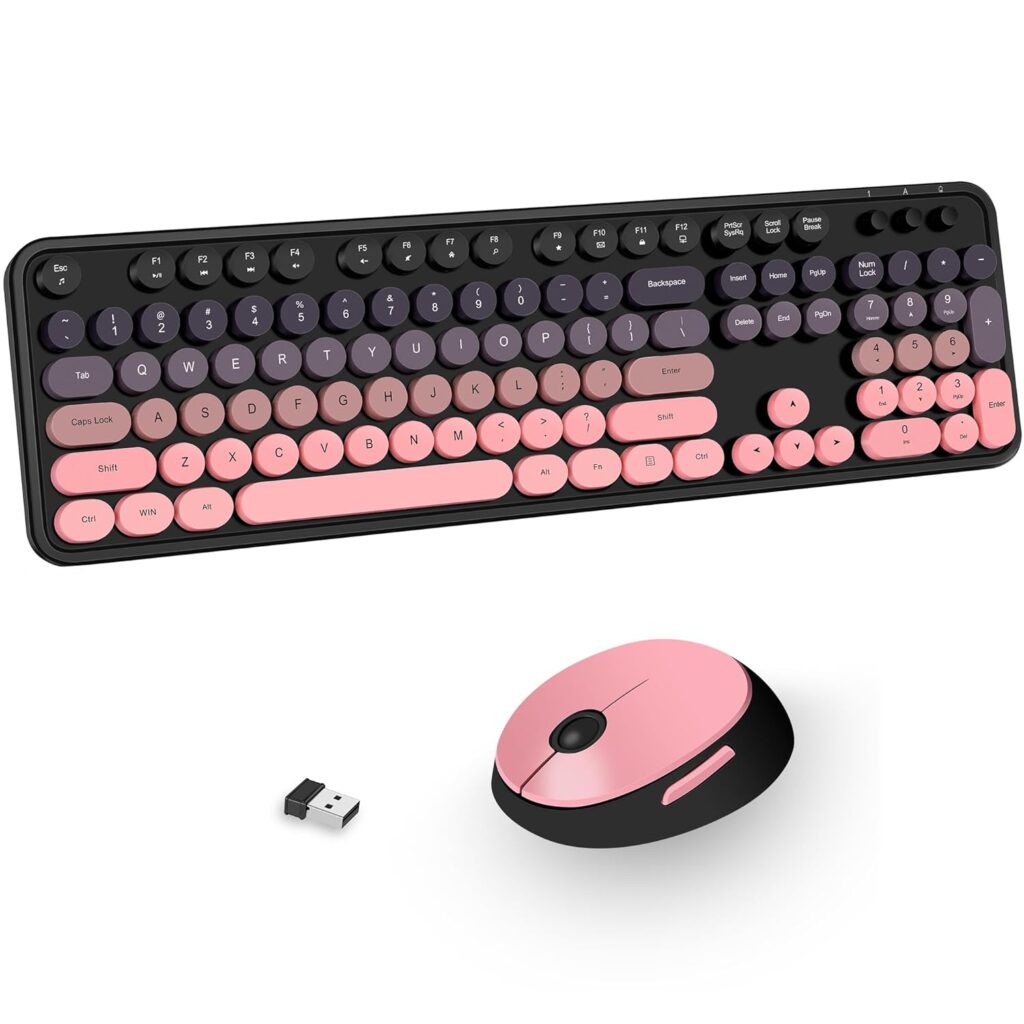 Kootop Wireless Keyboard and Mouse Combo, Cute Colorful 104 Keys Typewriter Retro Round Keycaps Keyboard for PC Laptop,Desktop,Windows, Home and Office Keyboards(Black Pink)