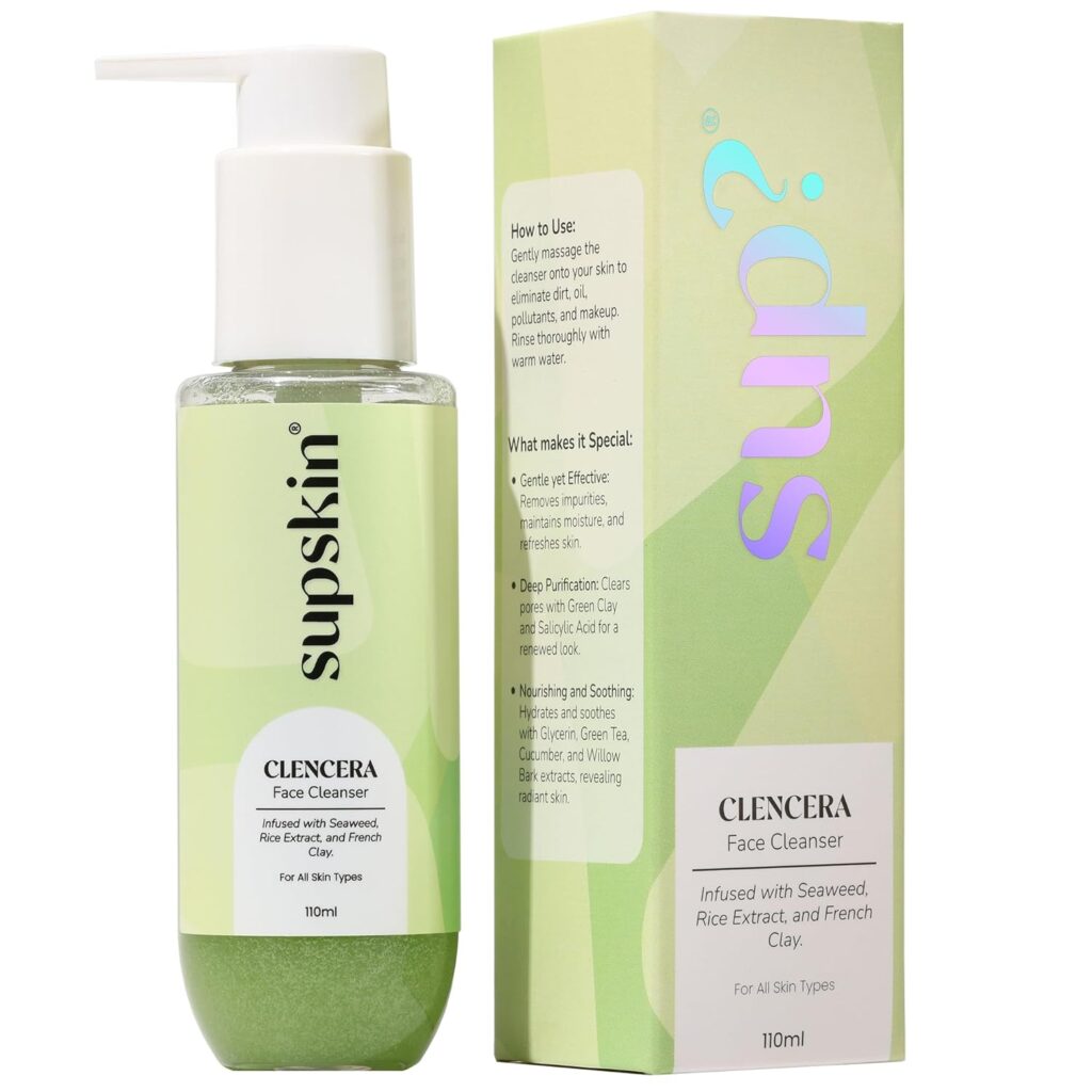 Clencera 1% Salicylic Acid Face Cleanser with Seaweed, Rice Extract & Green French Clay | Gentle Daily Cleanser for Oily & All Skin Types | With Panthenol | 110ml